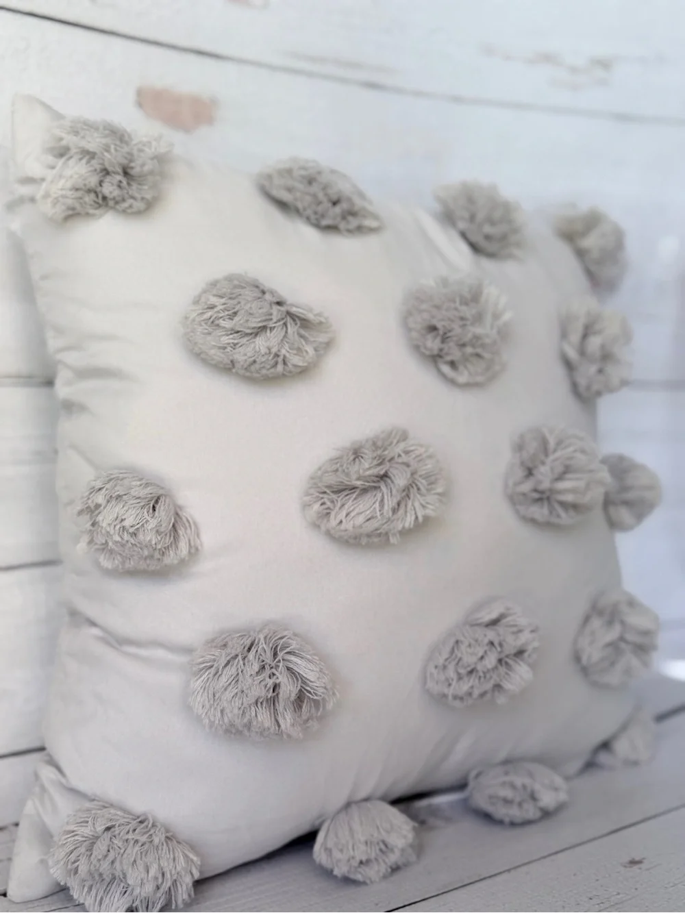 Pom Pom Decorative Throw Pillow in Light Gray